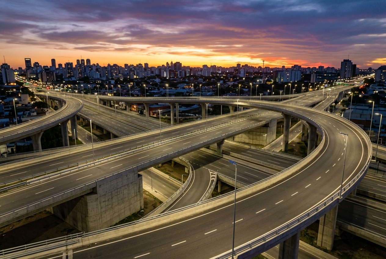 Viaducto y autopista moderna de Buenos Aires al atardecer